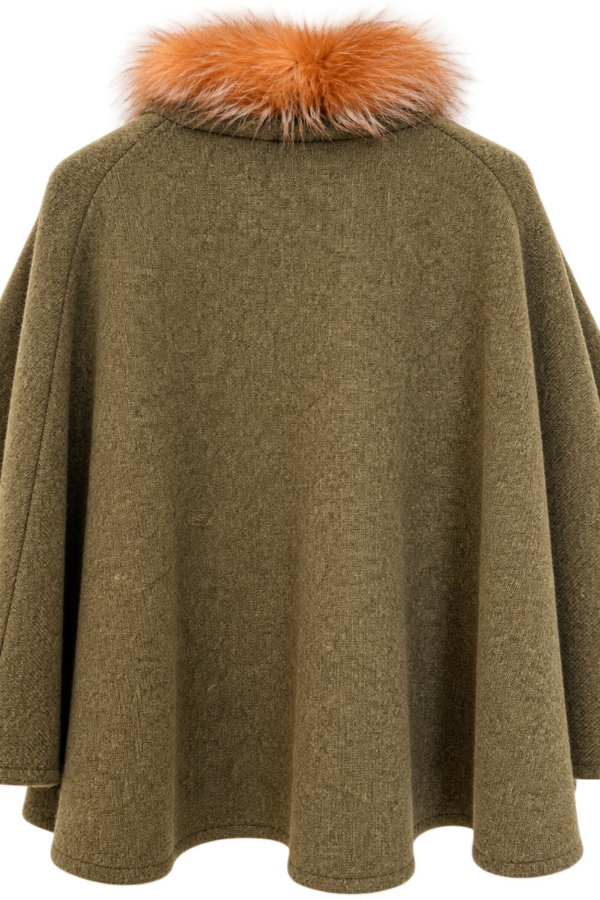 Strickcape mit Pelzkragen Oliv