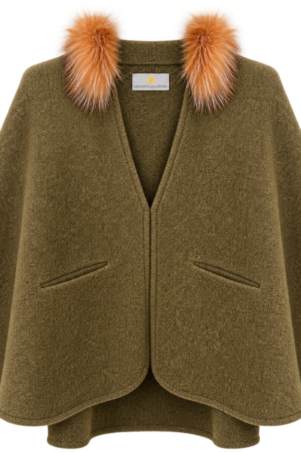 Strickcape mit Pelzkragen Oliv